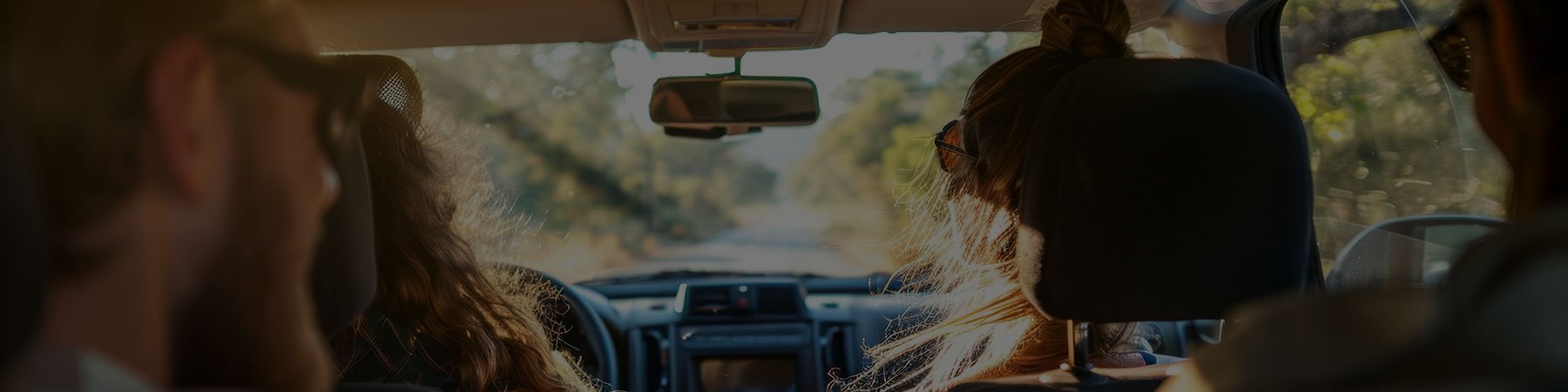the back of four peoples heads sitting in a car